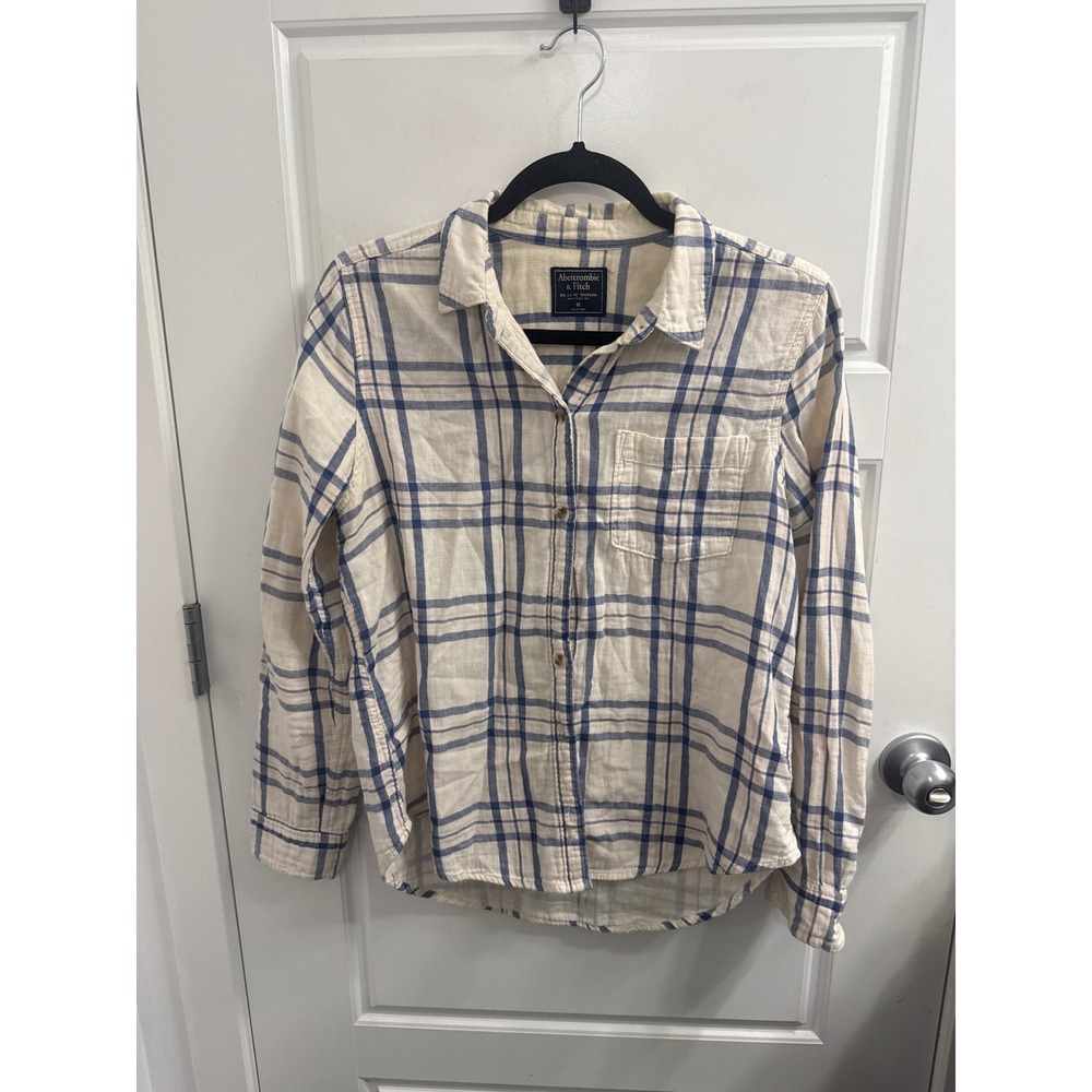 Abercrombie & Fitch Womens Cream Blue Plaid Button Down Flannel Shirt Medium